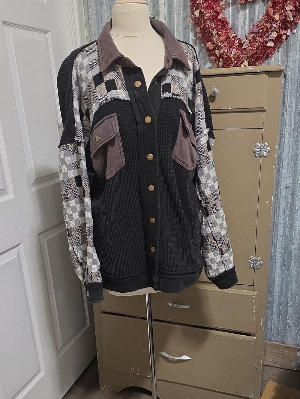 Open SZN Checker-Accent Black Snap-Front Shirt Jacket